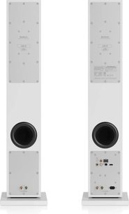 Boxe inteligente Audio Pro A38 W albe, văzute din spate, cu porturi circulare negre și conectori vizibili
