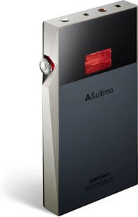 Lettore portatile audiophile Astell&Kern SP3000T, vista a tre quarti, custodia rettangolare, pulsante zigrinato argentato, schermo rosso, 3 porte sulla parte superiore
