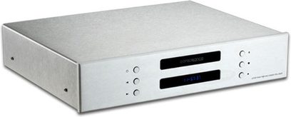 Consonance CD-120 Linear sølv CD-afspiller, front med blåt display, knapper og CD-skuffe
