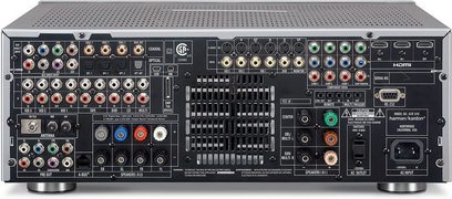 Harman Kardon AVR 645 sort hjemmebiografsforstærker, frontpanel, forfra, mange stik og kontrolknapper