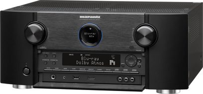Amplificador de cine en casa Marantz SR7011 negro, vista frontal, pantalla azul "Blu-ray 60M", botones y ruedas de control