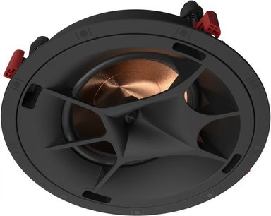 Czarna i czerwona okrągła głośnik instalacyjna Klipsch PRO-180-RPC LCR, widok z przodu, czarna maskownica, złocona kopułka wysokotonowa na środku