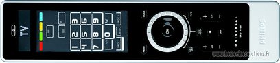 Sort Philips SRU9600 universal fjernbetjening, set forfra, med LCD-skærm, drejeknap, numerisk tastatur og mange knapper