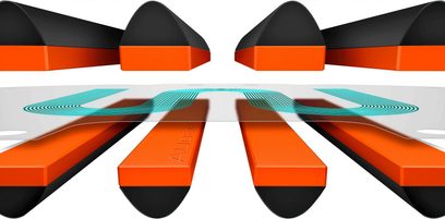Åben hi-fi hovedtelefon Audeze LCD-X, rektangulære orange transducere, sorte ørekåber, sort polstret hovedbøjle, symmetrisk forfra