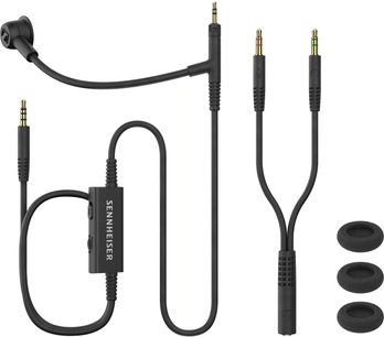 Sennheiser HD 500 BAM svart plast-headsetsett, boom-mikrofon, Y-kabel med 3,5 mm jack og 3 vindhetter, sett ovenfra