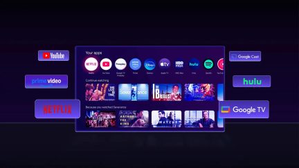 Google TV-grænseflade på skærm med applikationerne Netflix YouTube Prime Video Hulu og Google Cast