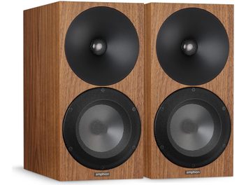 Pereche de difuzoare de raft Amphion Argon3X în nuc, tweeter cu pavilion negru și woofer grilajat, vedere din față