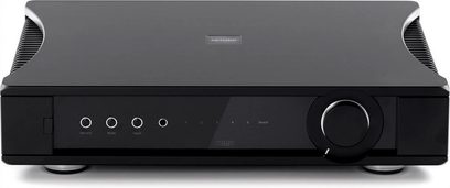 Rega Aethos svart hi-fi stereoanlegg, frontvisning, frontpanel med knapper og rattbryter, 2 sidehøyttalere