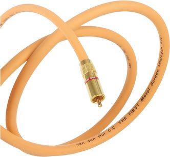 Audio kabel RCA Van den Hul The First 2 m, měkký oranžový plášť, detail zlatého samčího konektoru