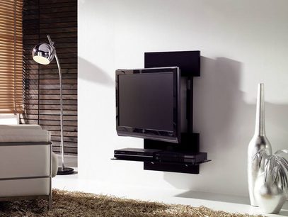 Sort TV-møbel med hylde, drejelig TV-holder, i metal og glas, moderne stil, til en moderne stue