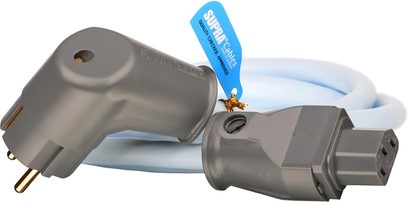 Supra Lorad 1.5 IEC Fr 1.5m angled power cable, gray and blue, with angled IEC and power plugs