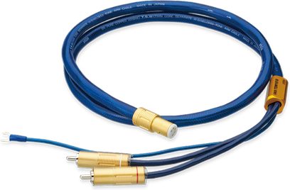 Ortofon 6NX-TSW 1010 phono kabel, blå kappe, forgyldte stik, rullet visning, ender med RCA-stik og gaffel