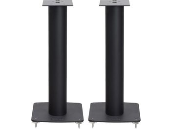 Dva reprosoustavy Fyne Audio FS6 v černé barvě, válcového tvaru, z matného černého kovu, s kruhovou šedou základnou, pohled zepředu