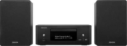 Sort Denon CEOL RCD-N12DAB mini-hi-fi-anlæg med central afspiller og to sorte højttalere set forfra