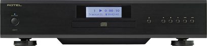 Rotel CD-11 sort CD-afspiller, set forfra, blåt digitalt display, sølvfarvede knapper og kontrolhjul