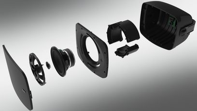 Klipsch RSM-800 Outdoor-Lautsprecher in Schwarz, explosionsgezeichnete Ansicht der internen Komponenten wie Lautsprecher und Befestigungshalterung