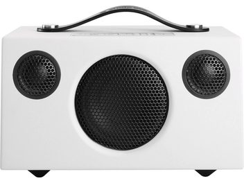 Enceinte Audio Pro ADDON C3 blanc, vue de face, forme rectangulaire arrondie, 3 haut-parleurs circulaires noirs sur fond blanc