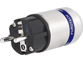 Adaptateur d’alimentation Furutech FI-E48 NCF R, métal argenté et plastique noir, deux broches rondes, vue trois-quarts