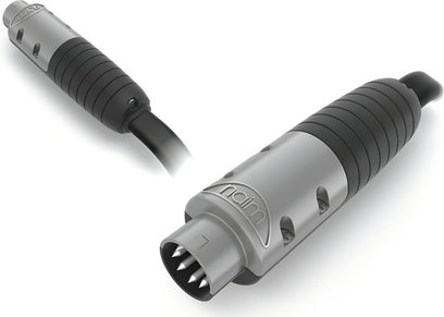 Tilpasset analog DIN-lydkabel fra Naim Audio HI-Line, grå metalstik, sort kappe, set ovenfra