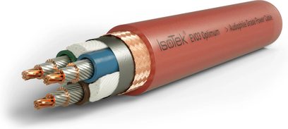 Cavo di alimentazione IsoTek EVO3 Optimum da 5 metri, guaina rossa, connettori placcati oro, conduttori visibili alle estremità