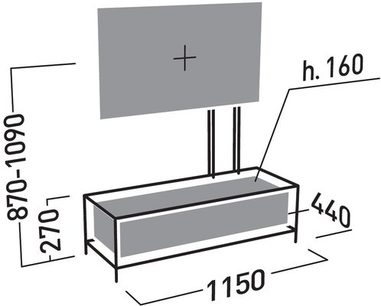 Rektangulært, gråt TV-møbel med 2 sorte metalben, mål 1150 x 440 x 270 mm, teknisk skitse med dimensioner