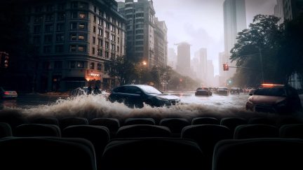 urban view flooded, cars driving through water, tall buildings, trees, traffic lights, cinema seats in the foreground