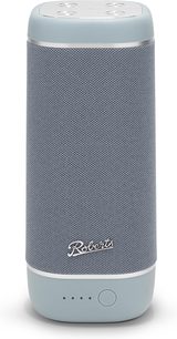 Tragbarer Bluetooth-Lautsprecher Roberts Reunion in Himmelblau, Stoffgitter, Vorderansicht, Logo, 4 LEDs und runder unterer Knopf