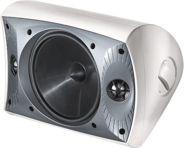 Cassa acustica da esterno Stylus 470-SM, vista prospettica, involucro chiaro, parte frontale con 1 altoparlante centrale e 2 tweeter neri