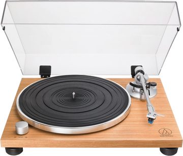 Audio Technica AT-LPW30TK lyspladespiller i lyst træ, med sort pladedrev, sølvfarvet tonarm og gennemsigtig akrylglaskabinet