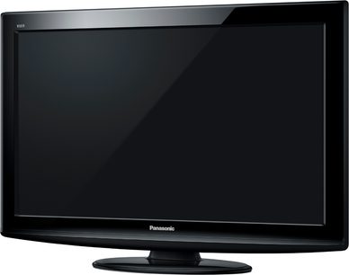 32 tommer sort Panasonic TX-L32C20 fladskærms-TV set forfra, slukket, på hvid baggrund