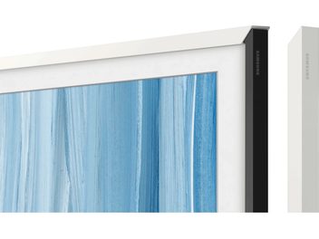 White frame for Samsung The Frame TV with black edge shown at an angle and blue screen
