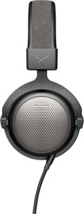 Åben hi-fi hovedtelefon Beyerdynamic T1, set forfra, polstret hovedbøjle, perforeret cirkulær ørekop, enkelt kabel