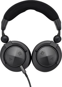 Stereofonní uzavřená sluchátka Astell&Kern Virtuoso v antracitově černé barvě z kovu a plastu, pohled zepředu, polstrovaný náhlavní oblouk, otočné kruhové náušníky a jednostranný kabel