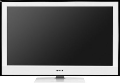 Sony KDL-26E4000 sort fladskærms-TV slukket, set forfra og centreret, på hvid baggrund, Sony-logo forneden