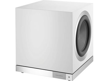Bowers & Wilkins DB1D saten beyaz subwoofer, ön görünüm, küp şeklinde, merkezde siyah dairesel hoparlör