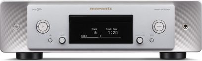 Marantz SACD 30n CD-spiller i sølv og gull, frontpanel, display, knapper, USB-port, svarte føtter