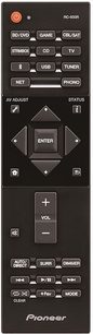 Sort Pioneer RC-933R fjernbetjening med knapper til CD-, DVD-, tuner-, phono-, TV- og andre lydfunktioner
