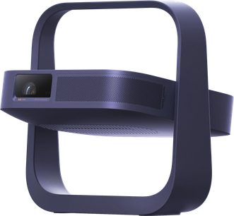 XGIMI Elfin Flip Laser HD-videoprojektor i blå med rektangulært bærehåndtagsstel og perforeret frontgitter
