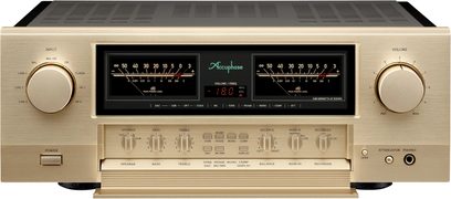 Amplificator hi-fi integrat stereo Accuphase E-4000, vedere frontală, finisaj auriu, 2 butoane circulare mari, ecran central