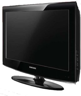 46 tommer sort Samsung LE46A568 fladskærms-TV set forfra, slukket, på sort rektangulært stativ