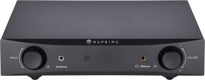 Nuprime DAC-9H sort audio-konverter, frontvisning, sort front med LED-display, hovedtelefonstik og kontrolknapper