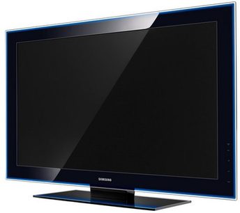 Samsung LE46A796 sort fladskærms-TV, set forfra, med blå ramme, sort fod, slukket