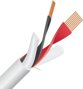 Cable de altavoz o bocina Stream 10 (2x3m), funda cilíndrica blanca, conductores de cobre, aislantes rojo, negro, blanco
