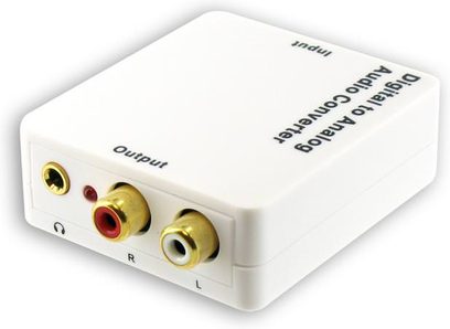 Connect Research CNA5432 hvid audio DAC-konverter, frontvisning, 2 røde og hvide RCA-stik til venstre, lydudgang til højre