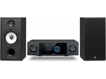 Чорна hi-fi система Kenwood із центральним мережевим підсилювачем і двома чорними поличковими колонками Triangle
