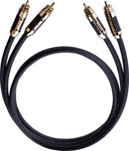 Cavo audio analogico RCA Oehlbach Black Connection Master 1,25 m nero con guaina in PVC testurizzato, con connettori metallici dorati con grip nero e indicatori rosso e bianco, vista dall’alto