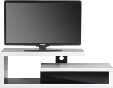 Hvidt og sort TV-møbel med fladskærms-TV fra Philips, åben hylde og sort skuffe, set forfra