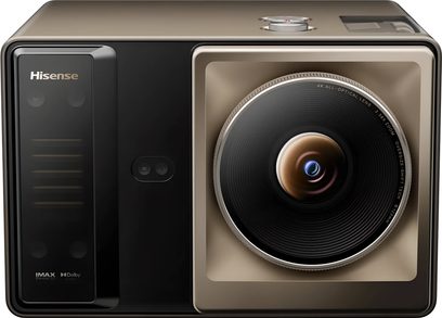 Hisense XR10-projektor i sort og bronze, set forfra med stort cirkulært objektiv og integreret sidepanel