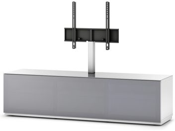 Audio-videonábor Sonorous Studio STA161T-WHT-GRY v bílém kovovém provedení s lesklou šedou skleněnou fasádou, centrálním sloupcem a černým držákem na TV, pohled zepředu mírně z boku