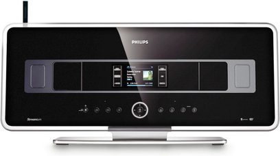 Philips WACS7500 sort og sølvfarvet hi-fi mini-anlæg, set forfra, med LCD-skærm, knapper og kontrolhjul